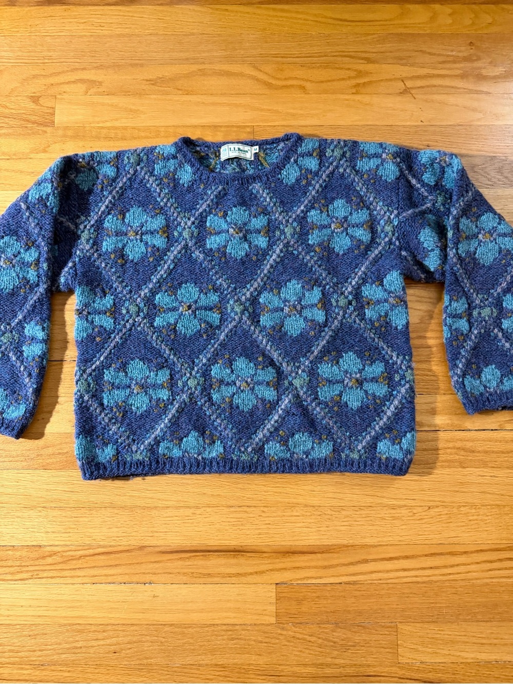 L.L. Bean Wool Vintage Blue Floral Diamond-Pattern Crewneck Sweater